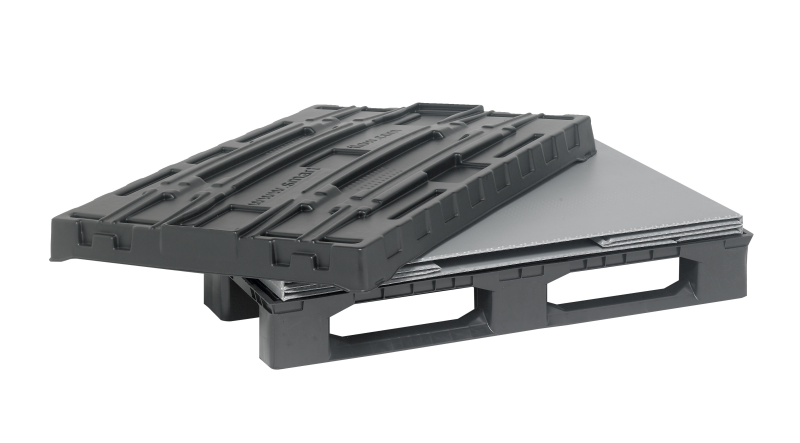 the plastic sleeve folds virtually flat and sits neatly on top of the pallet base New rackable multi-trip box offers superior strength