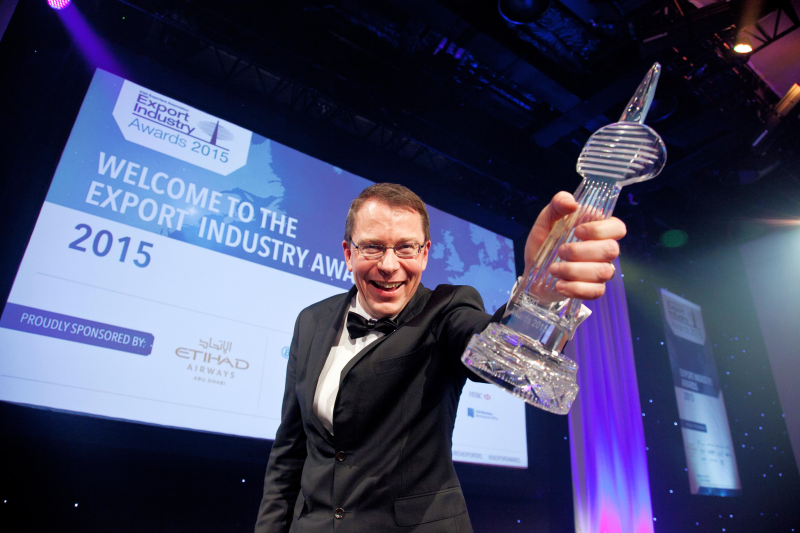 martin mcvicar md of combilift exporter of the year 2015 trophy Combilift scoops Irish Exporter of the Year Award for a second time