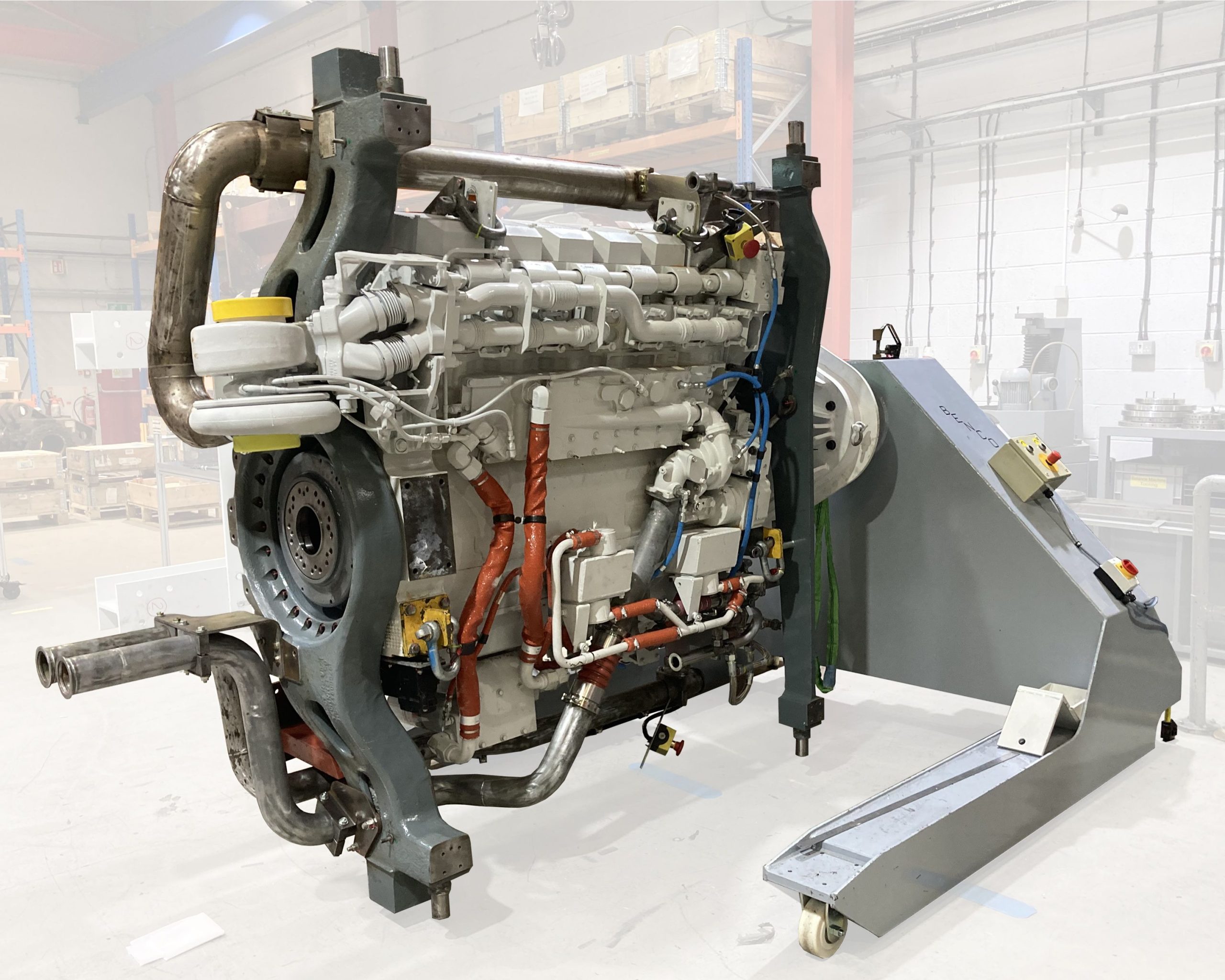 Largest Benco side-mounting turnover engine stand supplied to Voith Turbo